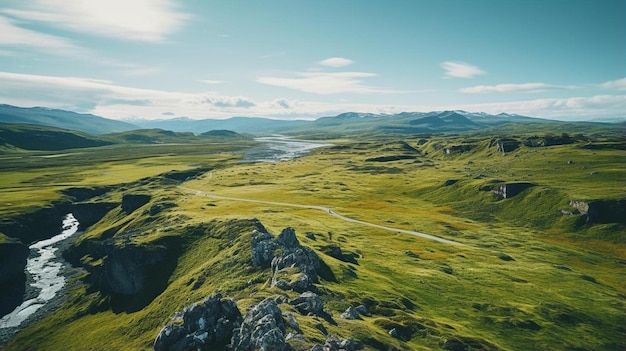 a view of a valley with a river running through it