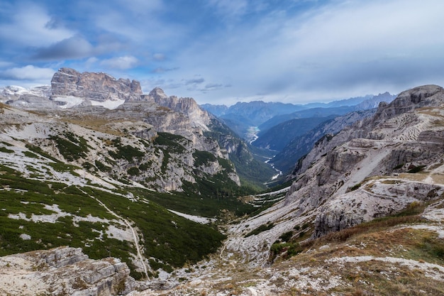 View of valleys and high mountains in the Dolomites Dolomite Alps Tre Cime di Lavaredo Italy