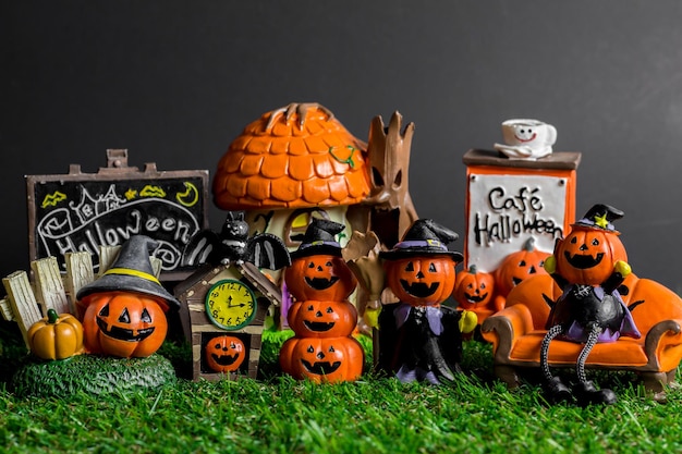 Photo view of various pumpkins on grass against black background