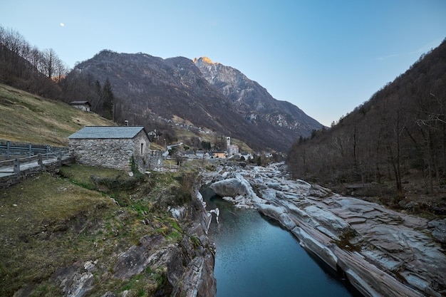 View of the Verzasca river as it passes through the town of Lavertezzo Switzerland