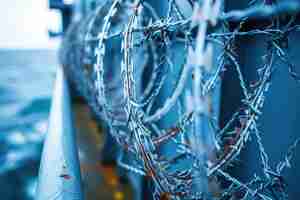 Photo view of the vessel hardening on board ships using razor wire and spikes to stop pirates from