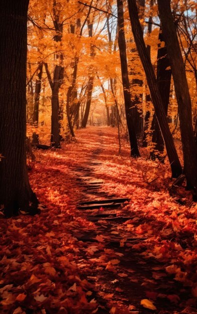 Foto vista di un vivace sentiero boschivo in autunno