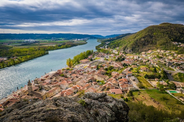 View on the village of Andance and the Rhone river from the Three Crosses Belvedere in Ardeche