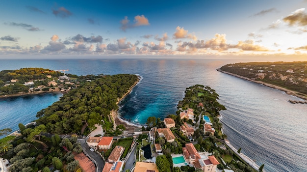 View of a village and the calm sea