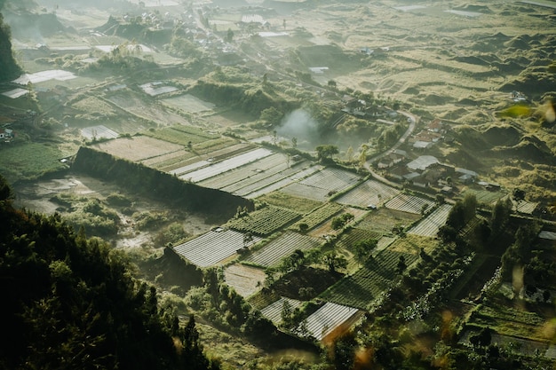 A view of a village from the top of a hill.
