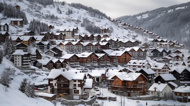 A view of a village in the mountains with snow on the ground and a mountain in the background.