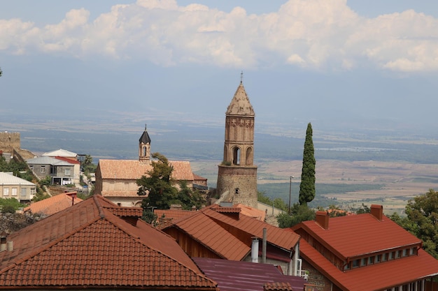 A view of a village with a church tower and a few houses in the background.