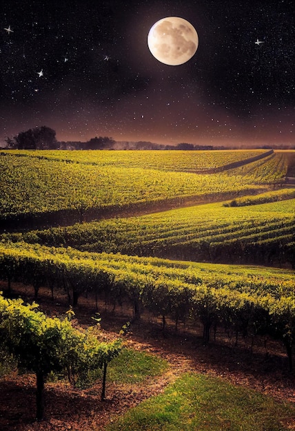 View of a vineyard with full moon in the sky generative ai