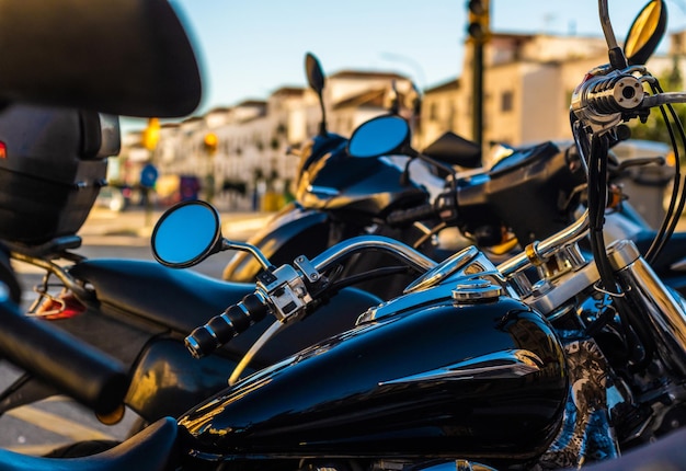 View of vintage motorcycles parked on the streets of Malaga