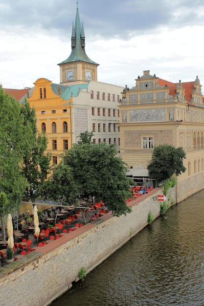 View of the Vltava river and bridge building