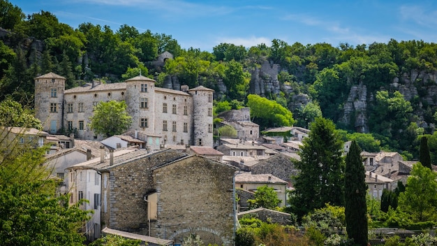 View on the Vog medieval village and its castle, in the south of France (Ardeche)