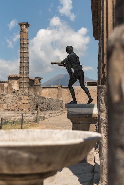 View of the volcano Vesuvius from the Temple of Apollo at the Roman archaeological site of Pompeii, in Italy.