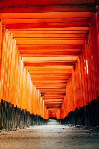 View of walk inside red torii gates in fushimi inari shrine