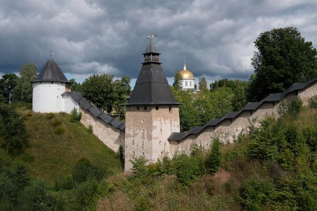 View of the wall of the Holy Dormition PskovPechersk Monastery Pechory Pskov region Russia