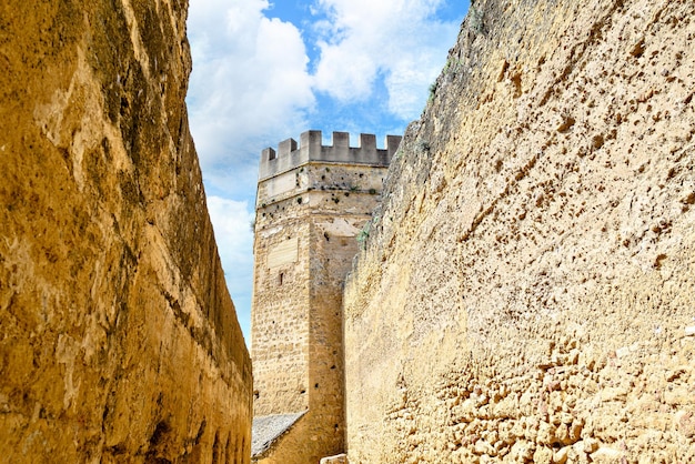 View of the walled enclosure of the Castle in the town of Alcala de Guadaira, Svilla, Spain.