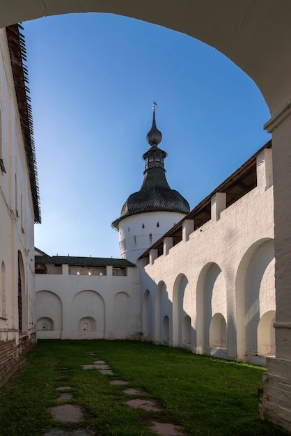 View of the walls of the Rostov Kremlin with galleries and a tower in the background on a sunny autumn day Rostov Veliky Yaroslavl region Russia