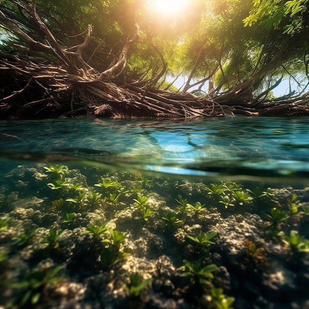 Foto una vista dell'acqua e delle radici di un albero