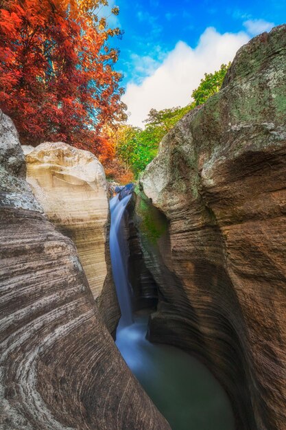 View of waterfall along rocks