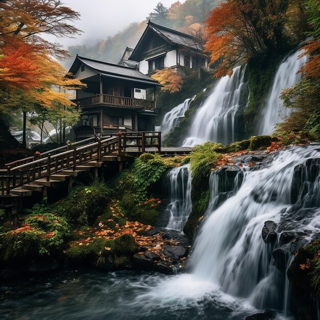 Photo view of waterfall and beautiful houses