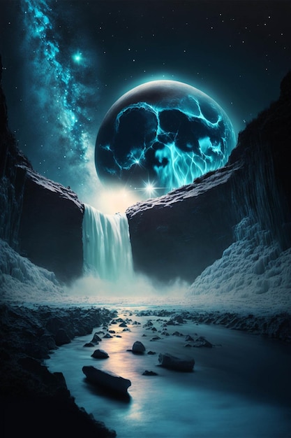 View of a waterfall with a planet in the background generative ai