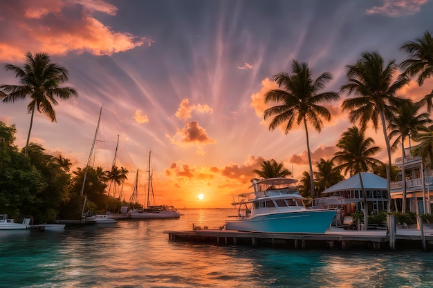 View of a waterfront canal with a sunset in Key West