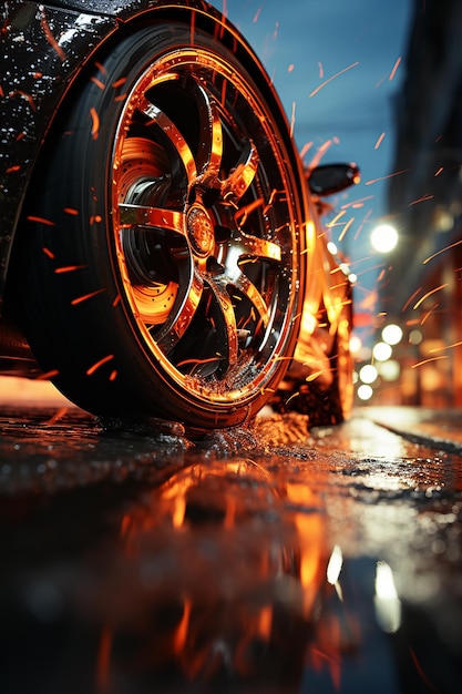 View of wheel on car running at high speed