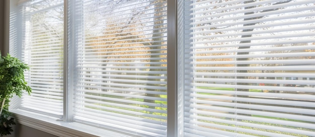 Photo view of white horizontal window blinds from a close distance