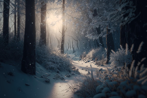 A view of a white winter woodland