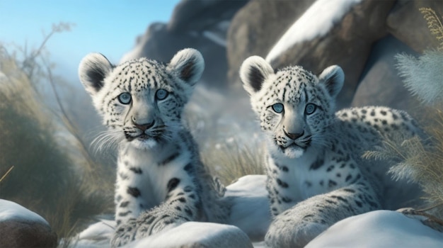 View of wild snow leopard cubs in nature