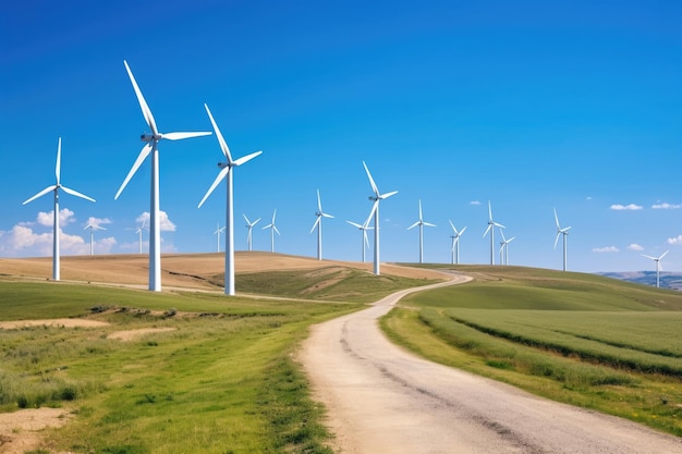 View of wind turbines on a wind farm at sunny day