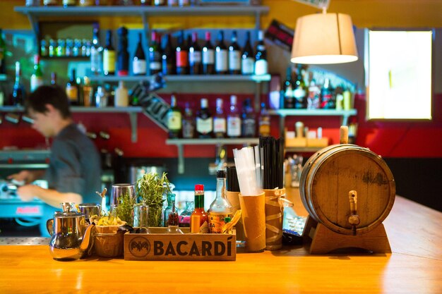 View of wine bottles on table