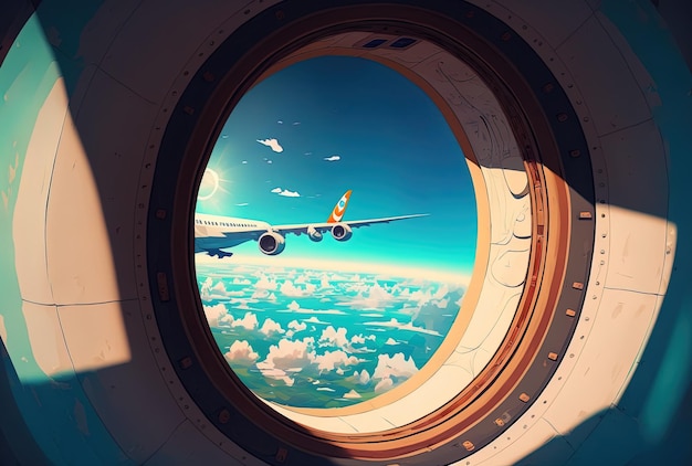飛行機の窓から翼と空が見える