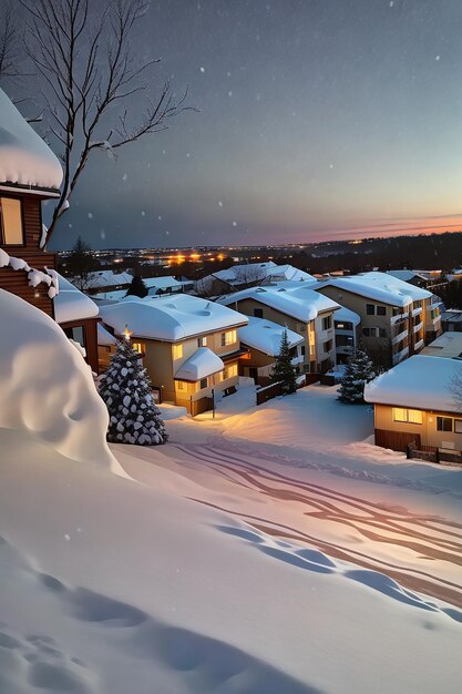 Foto vista del paesaggio invernale di notte nel villaggio