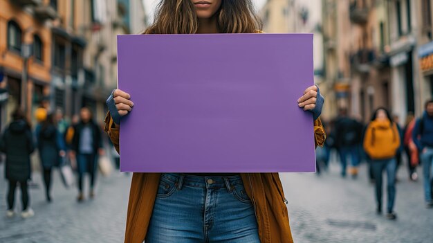 View of woman holding blank purple placard for womens day celebration