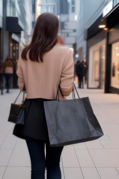 Photo view of woman holding shopping bag with space for logo