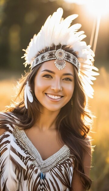 Photo view of a woman wearing a headdress with feathers on her head