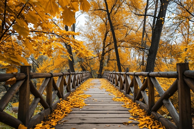 Photo view at wooden bridge with yellow trees in autumn