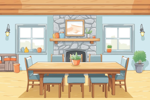 View of wooden dining table in a craftsman style stone cottage magazine style illustration