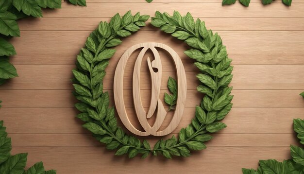 View of a Wooden logo 100 organic with leaves around 3d rendering