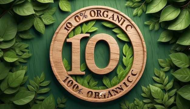 Вид деревянного логотипа 100 органических с листьями вокруг 3D-рендеринга