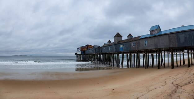 View of a Wooden Pier on a sandy beach at the Atlantic Ocean