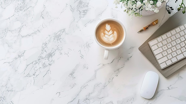 View of workplace with keyboard coffee stationery and laptop on table Top view flat lay copy space