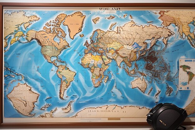 View of world travel map with pins