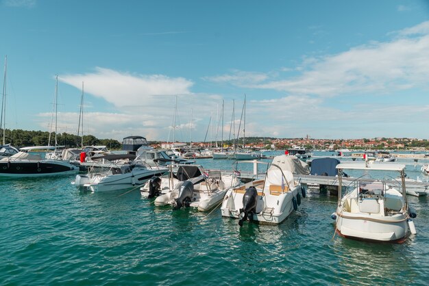 View of yachts boats dock summer time. copy space