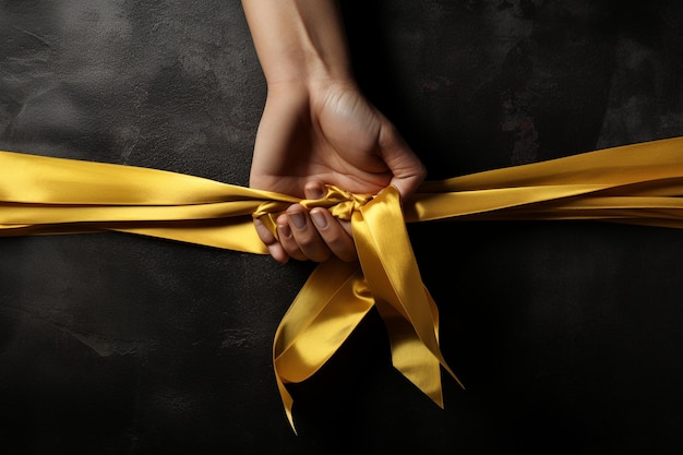 view of yellow ribbon with human hands on dark background