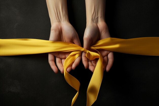 view of yellow ribbon with human hands on dark background