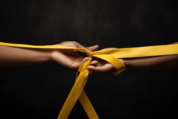 view of yellow ribbon with human hands on dark background