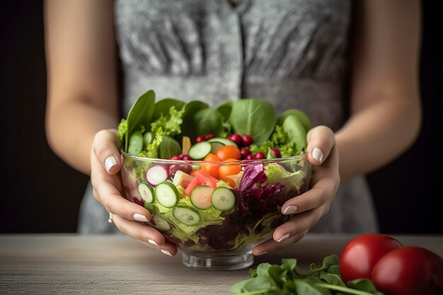 A view of a young woman's hands holding a glass bowl full of a healthy mixed salad generate ai