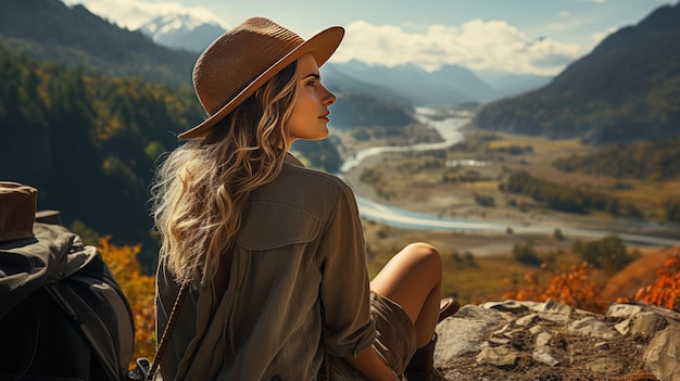 View of young woman traveler sitting Happy woman traveler looking at mountain background Created with Generate Ai Technology