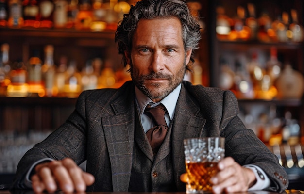 Foto guardare il whisky con un barman serio e ben vestito xa